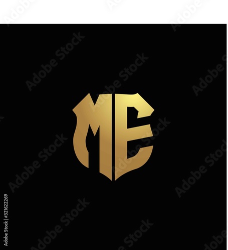 ME logo monogram with gold colors and shield shape design template