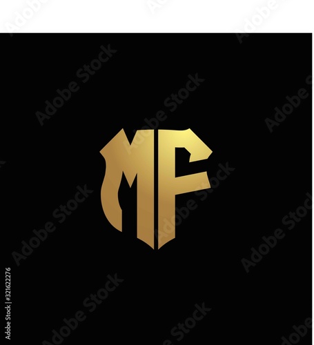 MF logo monogram with gold colors and shield shape design template