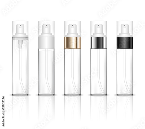 Cosmetic plastic bottle with dispenser pump. Liquid container for gel, lotion, cream, shampoo, bath foam. Beauty product package, vector illustration. photo