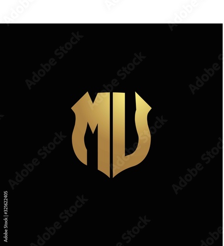 MU logo monogram with gold colors and shield shape design template