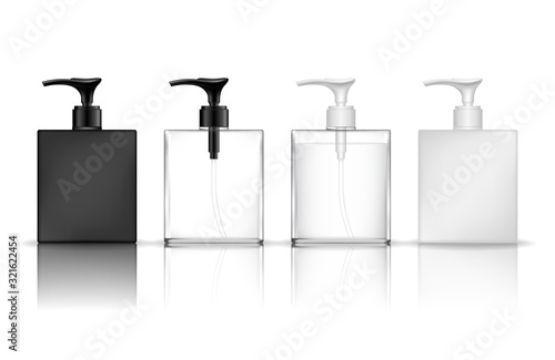 Cosmetic plastic bottle with dispenser pump. Liquid container for gel, lotion, cream, shampoo, bath foam. Beauty product package, vector illustration.