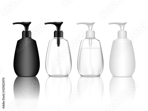 Cosmetic plastic bottle with dispenser pump. Liquid container for gel, lotion, cream, shampoo, bath foam. Beauty product package, vector illustration.