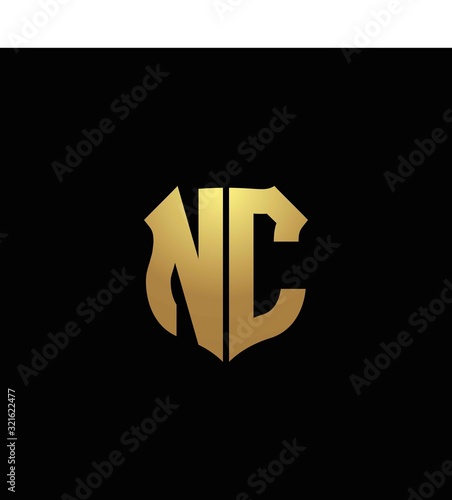 NC logo monogram with gold colors and shield shape design template