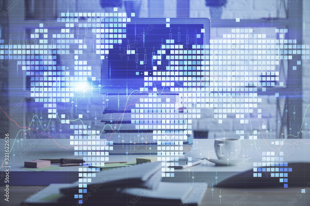 Multi exposure of business theme icons and work space with computer background. Concept of success. Multi exposure of business theme icons and work space with computer background. Concept of success.
