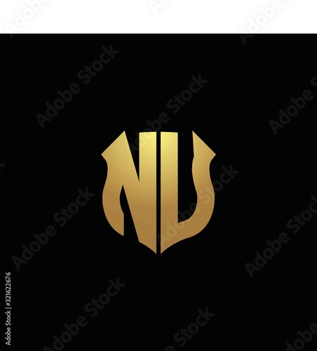 NU logo monogram with gold colors and shield shape design template