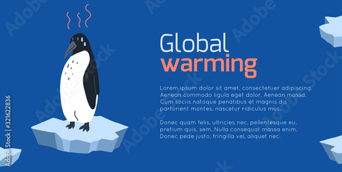 Global warming. Horizontal card with cartoon doodle illustration of sad penguin on melting cracked ice. World problem. The threat of extinction of rare animals. Vector template for banner, articles