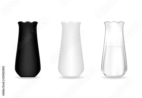 Set of ceramic vase in different color (black, white and transparent). Vector illustration.