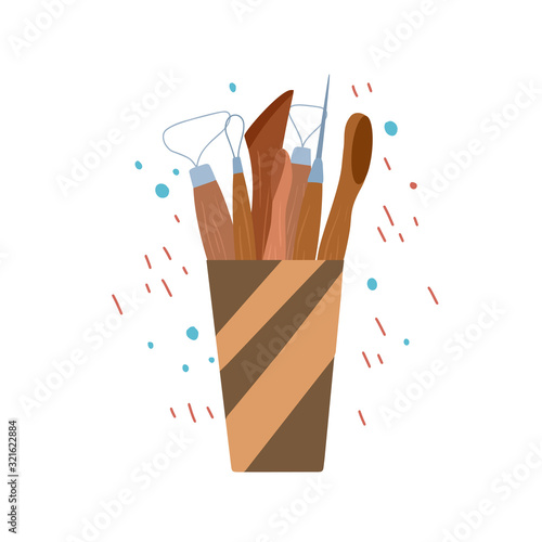 Colored flat illustration of wood tools for pottery and sculpting in cup on abstract background. Hobbies and workshop. Vector cartoon element for greeting cards, labels and your creativity.