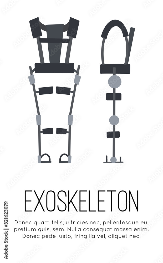 Vertical banner with flat medical exoskeleton on white background with place for text. Help for people with disabilities. The future and innovation. Vector template with exosuit.