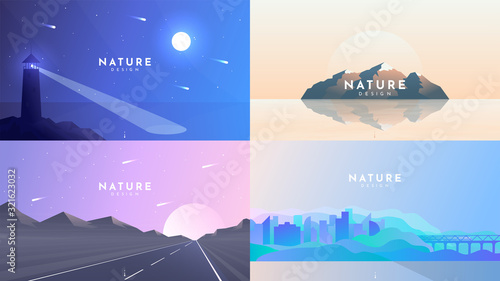 Lighthouse on stone near water with moon light at night, minimalist mountain on island with reflection in water, road in perspective with sunset or sunrise, futuristic building, city illustration. 