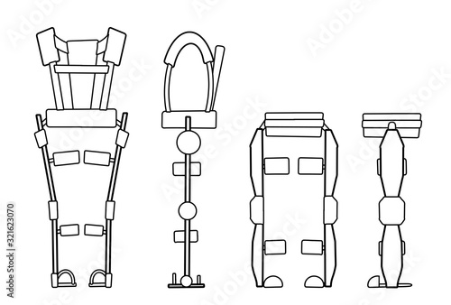Set of outline medical exoskeleton isolated on a white background. Help for people with disabilities. The future and innovation. Vector exosuit. Contour element for banner, articles and your design