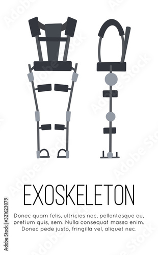 Vertical banner with flat medical exoskeleton on white background with place for text. Help for people with disabilities. The future and innovation. Vector template with exosuit.