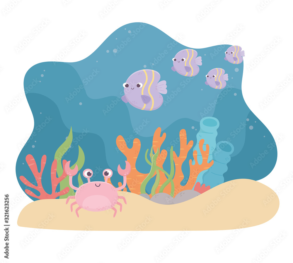crab fishes life sand coral reef cartoon under the sea - obrazy, fototapety, plakaty 