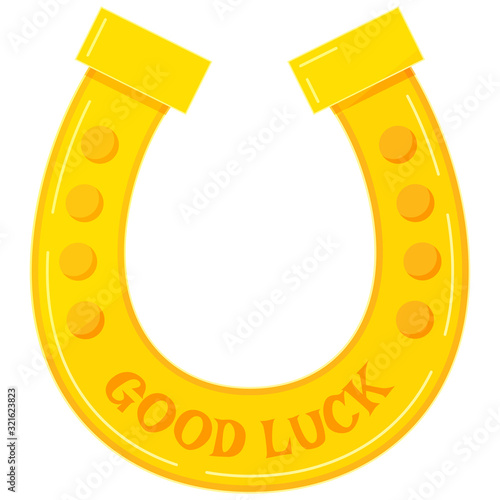 Gold horseshoe with good luck text icon - lucky irish celtic and casino symbol isolated on white background.