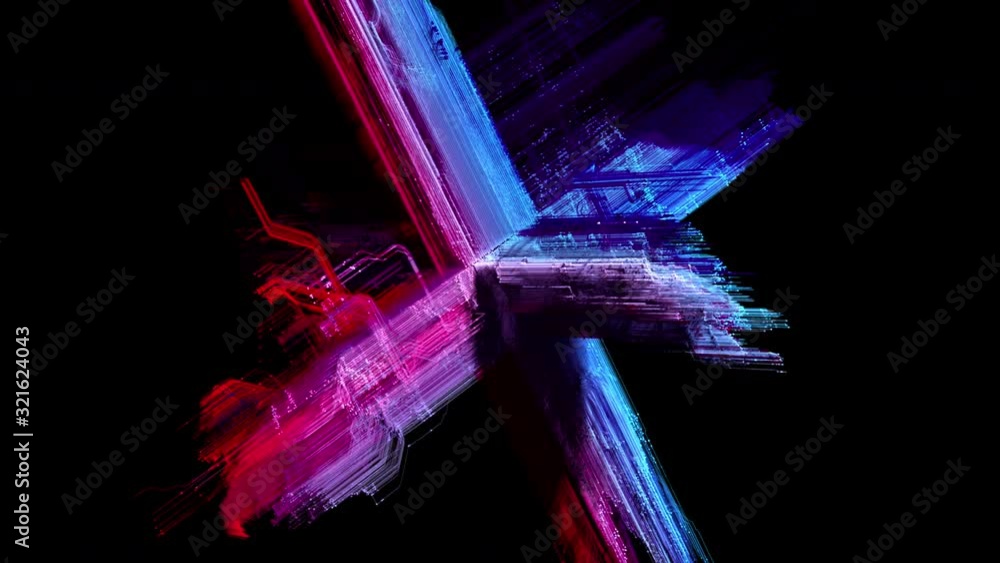 Colorful abstract particles growth, futuristic shapes, on black background with alpha mask