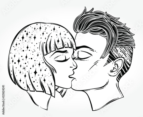 Beautiful artwork of young couple kissing. Outer space on her hair. Boho, tattoo art, spirituality, poster, T-shirt print, romantic love, character design. Isolated vector illustration. photo