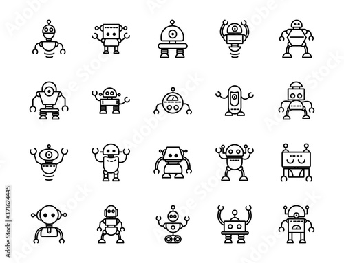 robot technology character artificial machine icons set linear