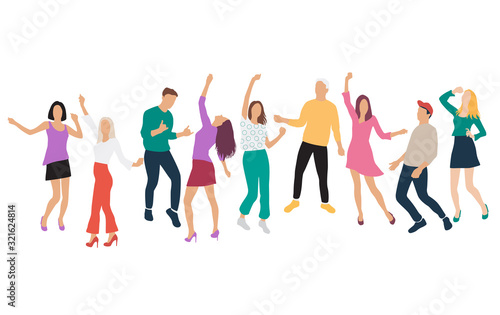  Group of young joyful happy men and women dancing with their hands up  isolated on a white background. Happy people in colorful outfits in different poses. Vector illustration in flat cartoon style