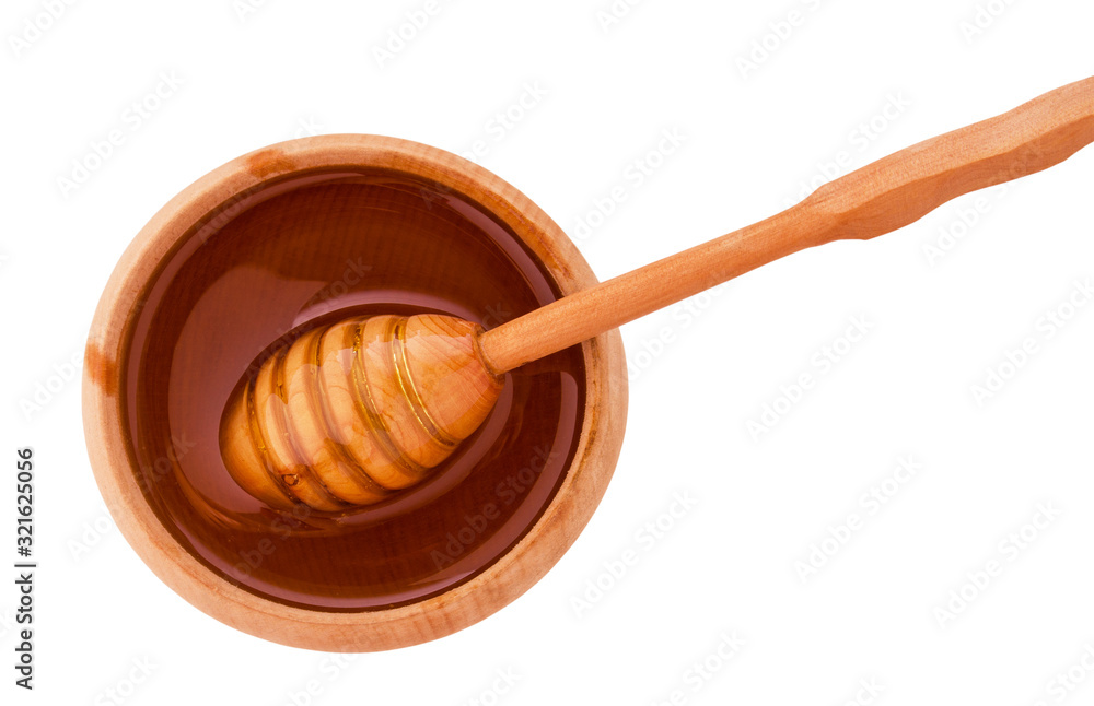 Honey in wooden plate and honey stick isolated on white background with clipping path Honey in wooden plate and honey stick isolated on white background with clipping path