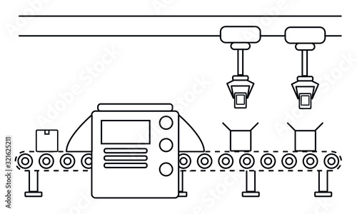 Atomated production line concept. Conveyor belt production system. Thin line style illustration.