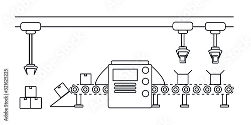 Atomated production line concept. Conveyor belt production system. Thin line style illustration.