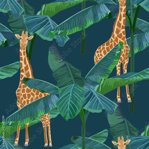 Exotic summer print. Seamless pattern with palm tree, giraffe. Vector illustration