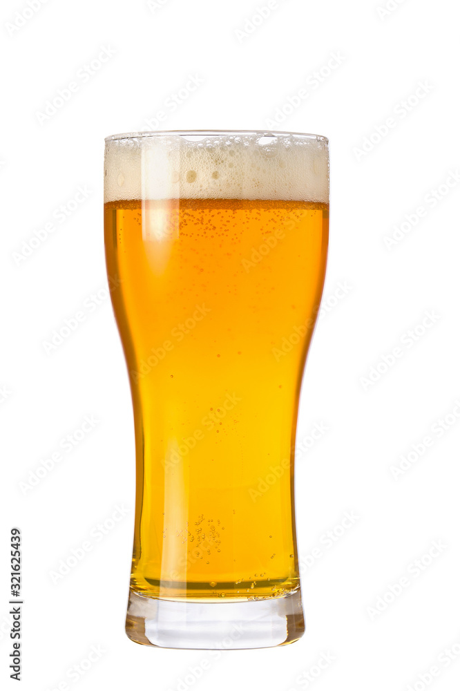 Vertical single glass of light beer with foam and bubbles isolated on white background. Weizen glass for wheat beer