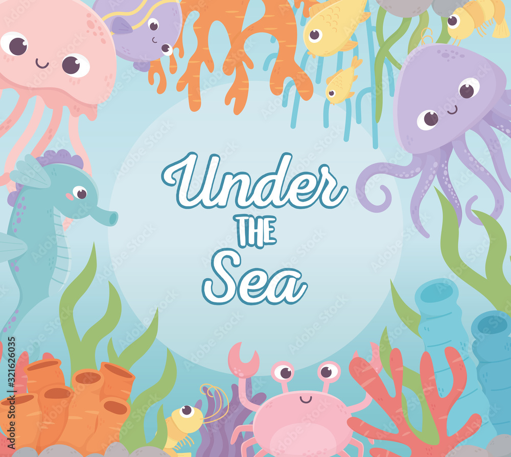 octopus jellyfish crab fishes shrimp life coral reef cartoon under the sea octopus jellyfish crab fishes shrimp life coral reef cartoon under the sea