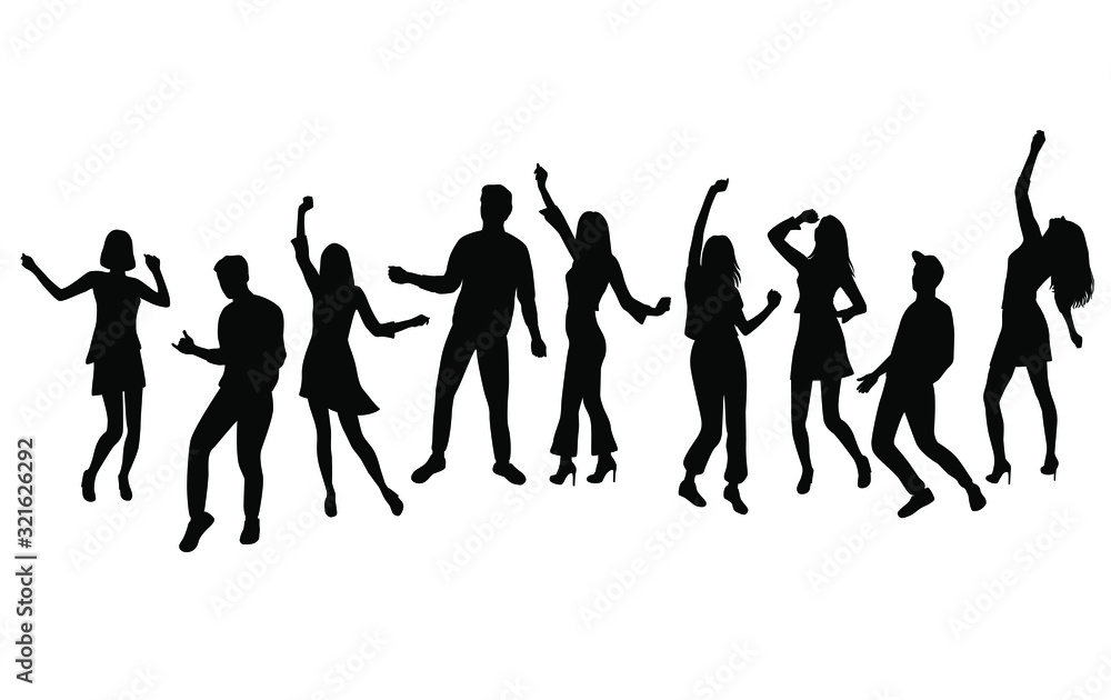 Silhouette of a group of young happy men and women dancing with their hands raised. Happy people in different poses. Vector, black color isolated on a white background Silhouette of a group of young happy men and women dancing with their hands raised. Happy people in different poses. Vector, black color isolated on a white background