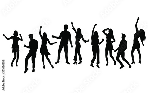 Silhouette of a group of young happy men and women dancing with their hands raised. Happy people in different poses. Vector, black color isolated on a white background