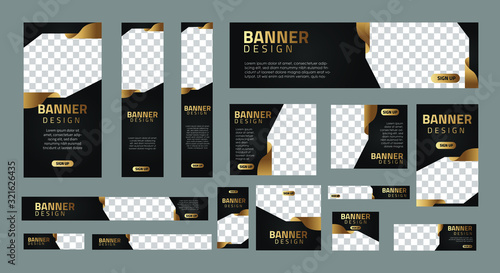 set of luxury banners in standard size with a place for photos. Vertical, horizontal and square template with golden line and black color. vector illustration EPS 10