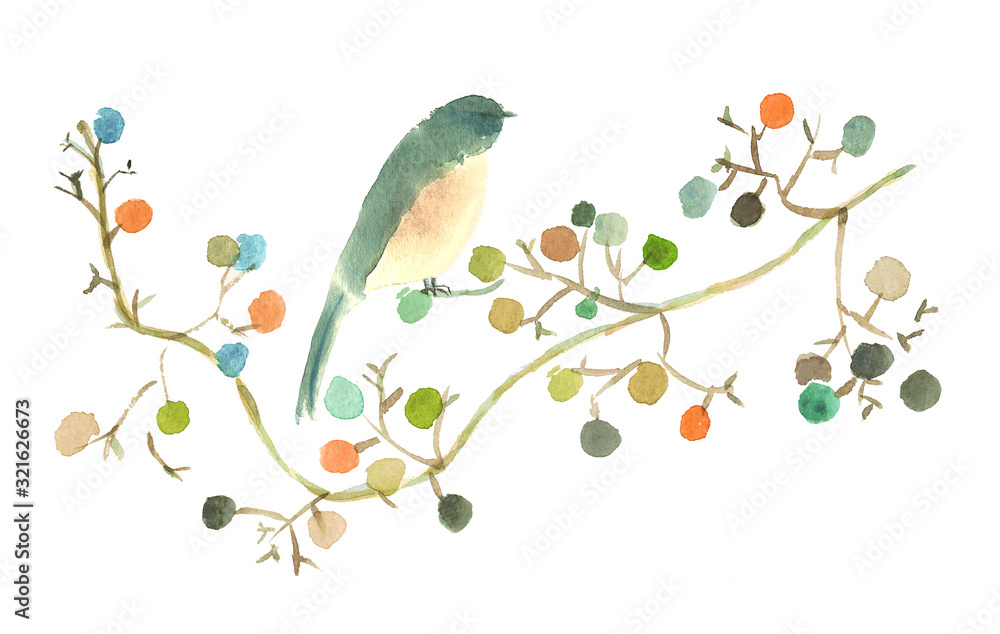 Obraz Akwarela oryginalny owoc i ptak