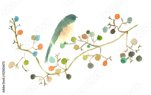 Obraz na płótnie Akwarela oryginalny owoc i ptak