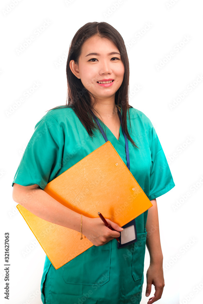 young beautiful and happy Asian Korean medicine doctor woman or hospital nurse in green scrubs posing cheerful smiling confident in corporate clinic staff portrait young beautiful and happy Asian Korean medicine doctor woman or hospital nurse in green scrubs posing cheerful smiling confident in corporate clinic staff portrait