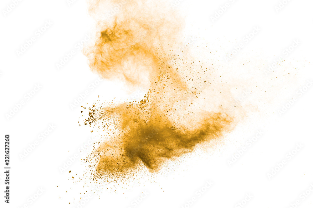 Brown dust cloud.Brown particles splattered on white background. Brown dust cloud.Brown particles splattered on white background.