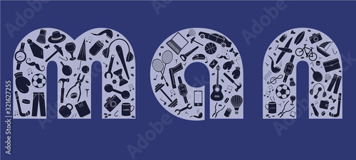 Male illustration. Men s things and accessories in the word man on a blue strict background.