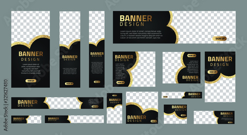 set of luxury banners in standard size with a place for photos. Vertical, horizontal and square template with golden glitter and black color. vector illustration EPS 10