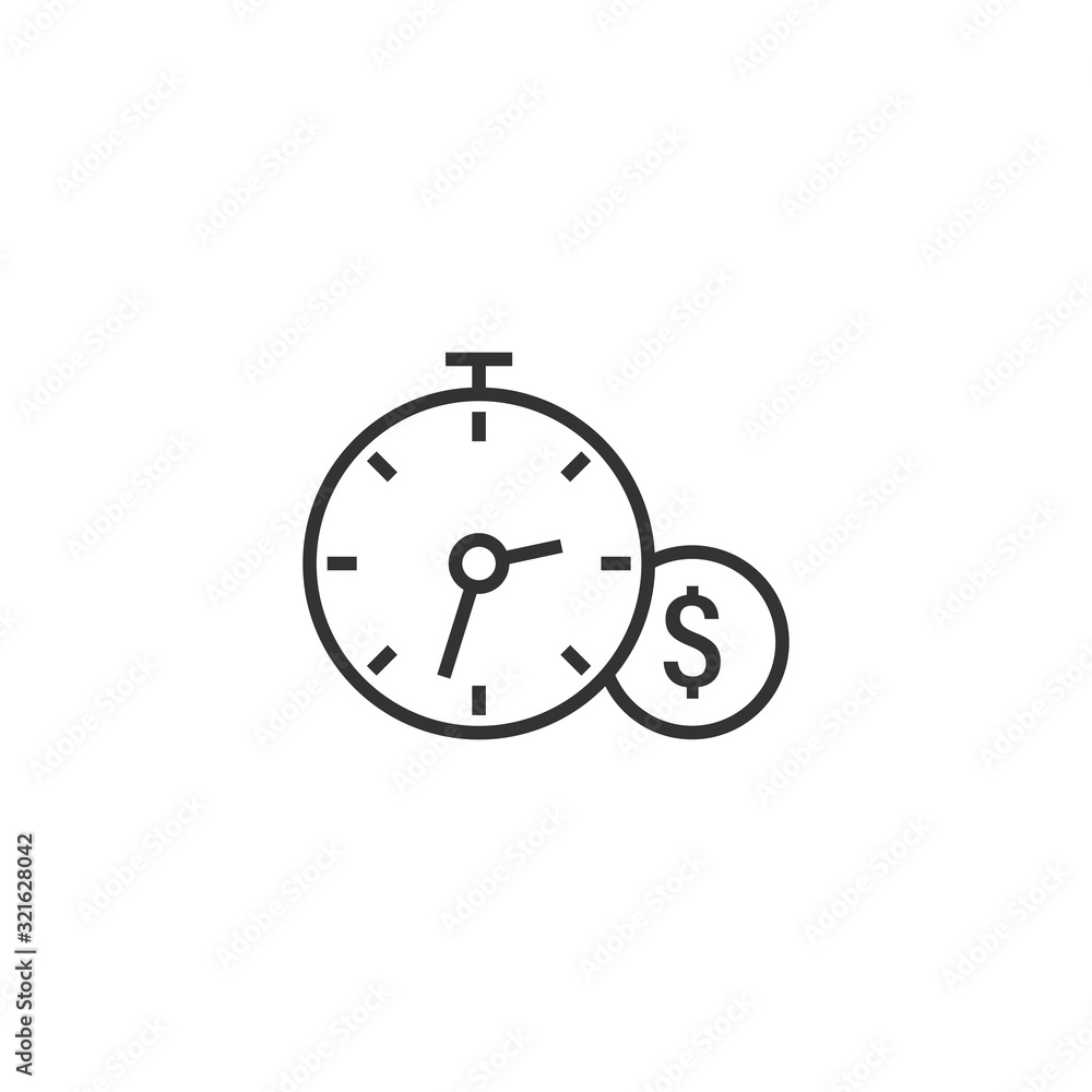 Time is money icon in flat style. Clock with dollar vector illustration on white isolated background. Currency business concept. Time is money icon in flat style. Clock with dollar vector illustration on white isolated background. Currency business concept.