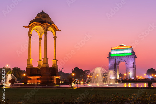 The India Gate and the Canopy, night illuminated view, New Delhi, India photo