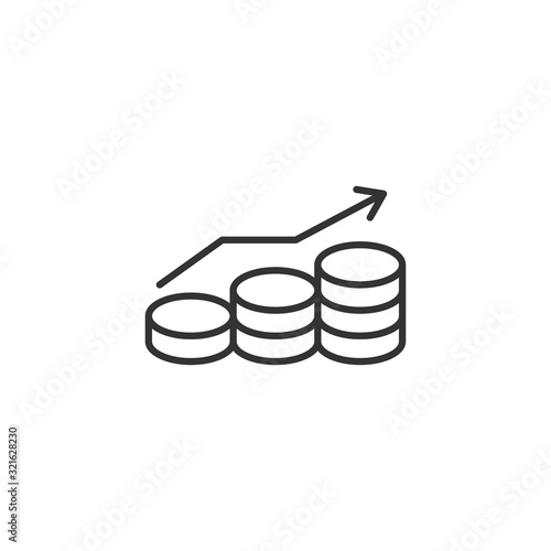 Income rate increase icon in flat style. Finance performance vector illustration on white isolated background. Coin with growth arrow business concept.