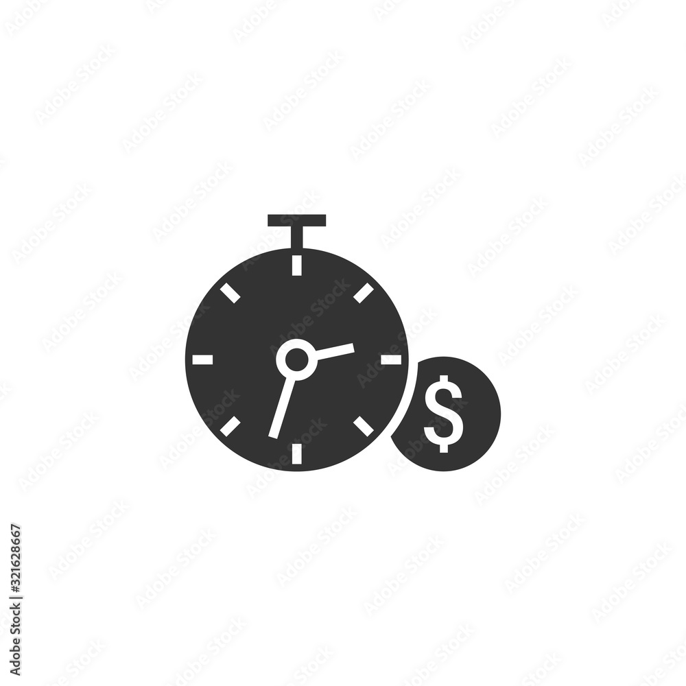 Time is money icon in flat style. Clock with dollar vector illustration on white isolated background. Currency business concept. Time is money icon in flat style. Clock with dollar vector illustration on white isolated background. Currency business concept.