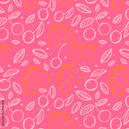 Bright pattern with hand drawn cherries.Perfect design for posters, cards, textile, web pages.