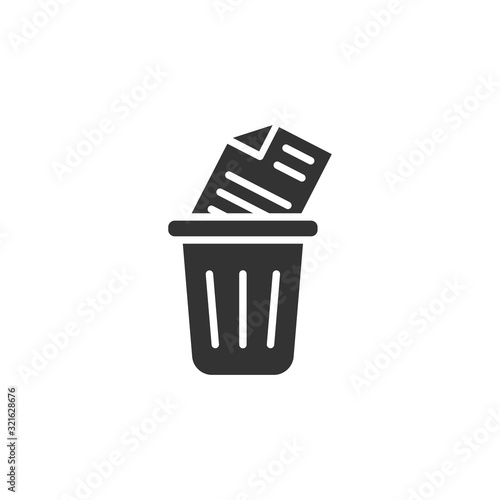 Trash bin with document icon in flat style. Paper recycle vector illustration on white isolated background. Office garbage business concept.