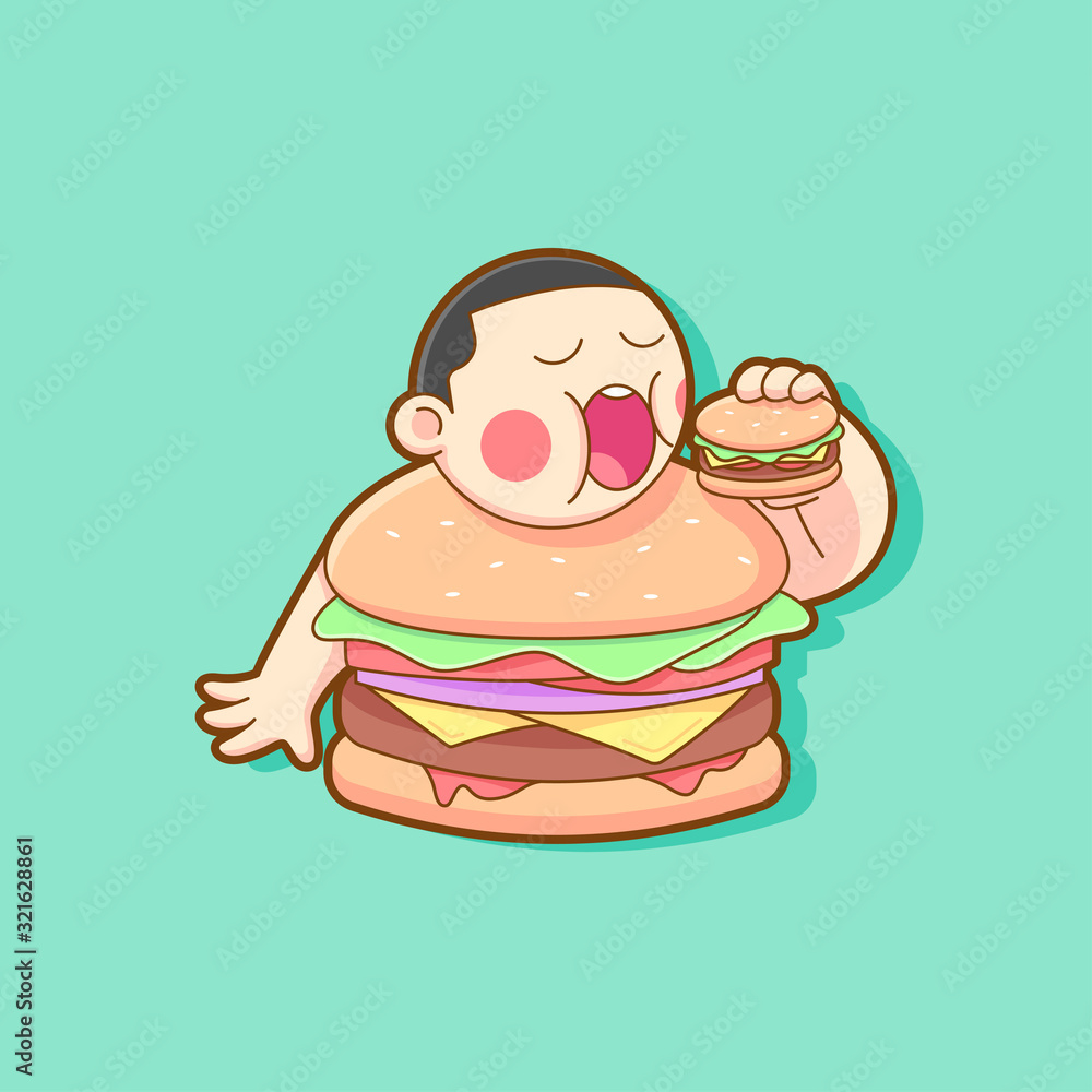 FAT BURGER BOY EATING A BURGER ILLUSTRATION. FAST FOOD LOGO MASCOT