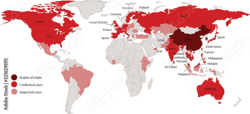 Fototapeta Naklejka Na Ścianę i Meble -  2019-nCoV. China pathogen respiratory coronavirus 2019-nCoV. Flat world vector map with infographics where the Coronavirus Virus has spread. Infected countries. 2019-nCoV infographics.