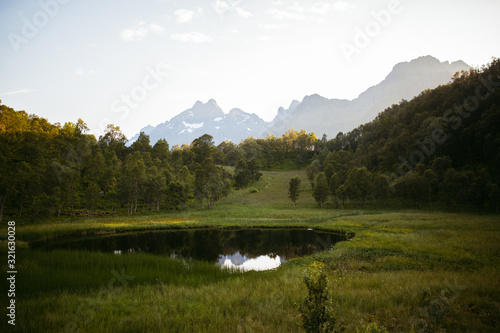 Mountain green landscape reflection. Meadow and little wild pond during sunset.