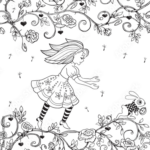 seamless contour drawing. Alice in Wonderland. coloring book