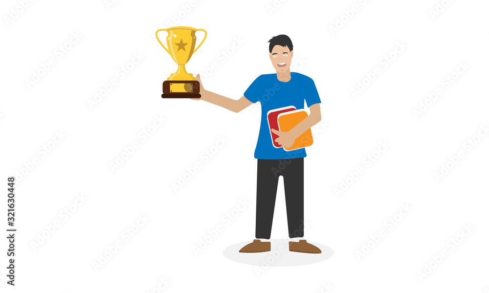 Man holding a trophy and books. Vector illustration in flat style.