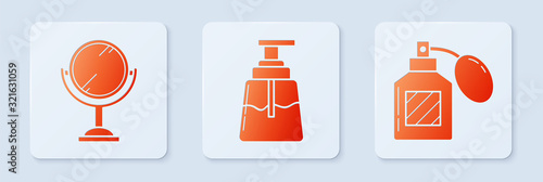 Set Aftershave, Hand mirror and Aftershave. White square button. Vector