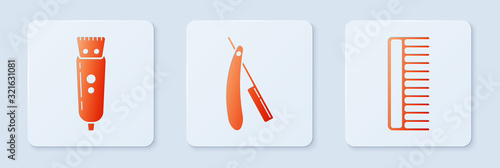 Set Straight razor, Electrical hair clipper or shaver and Hairbrush. White square button. Vector